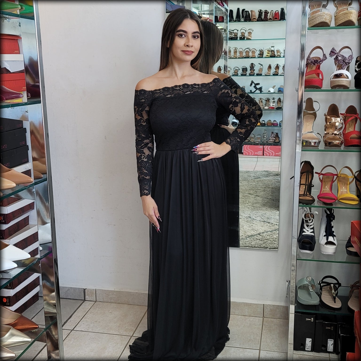 VESTIDO LARGO OFF SHOULDER NEGRO