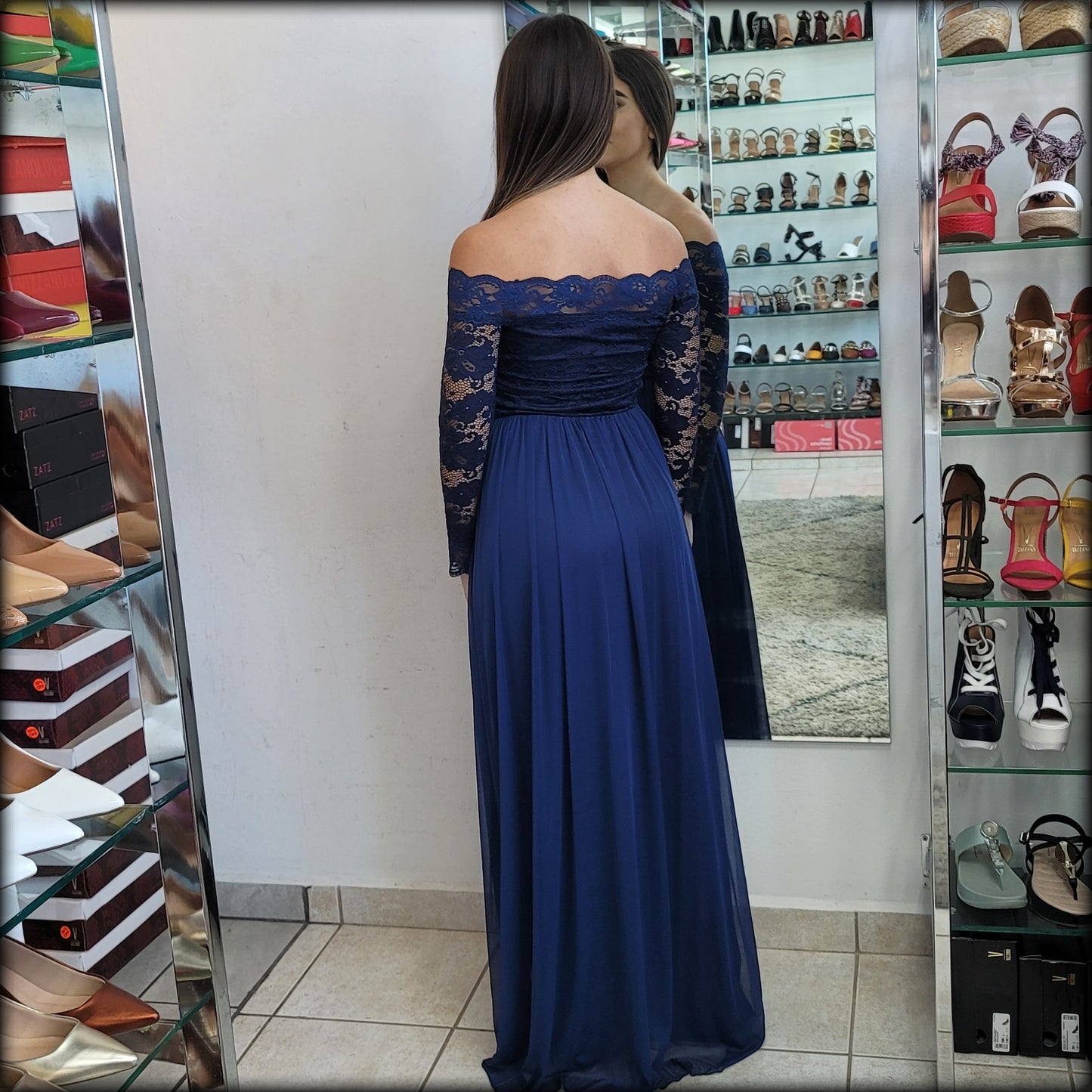 VESTIDO LARGO OFFSHOULDER NAVY