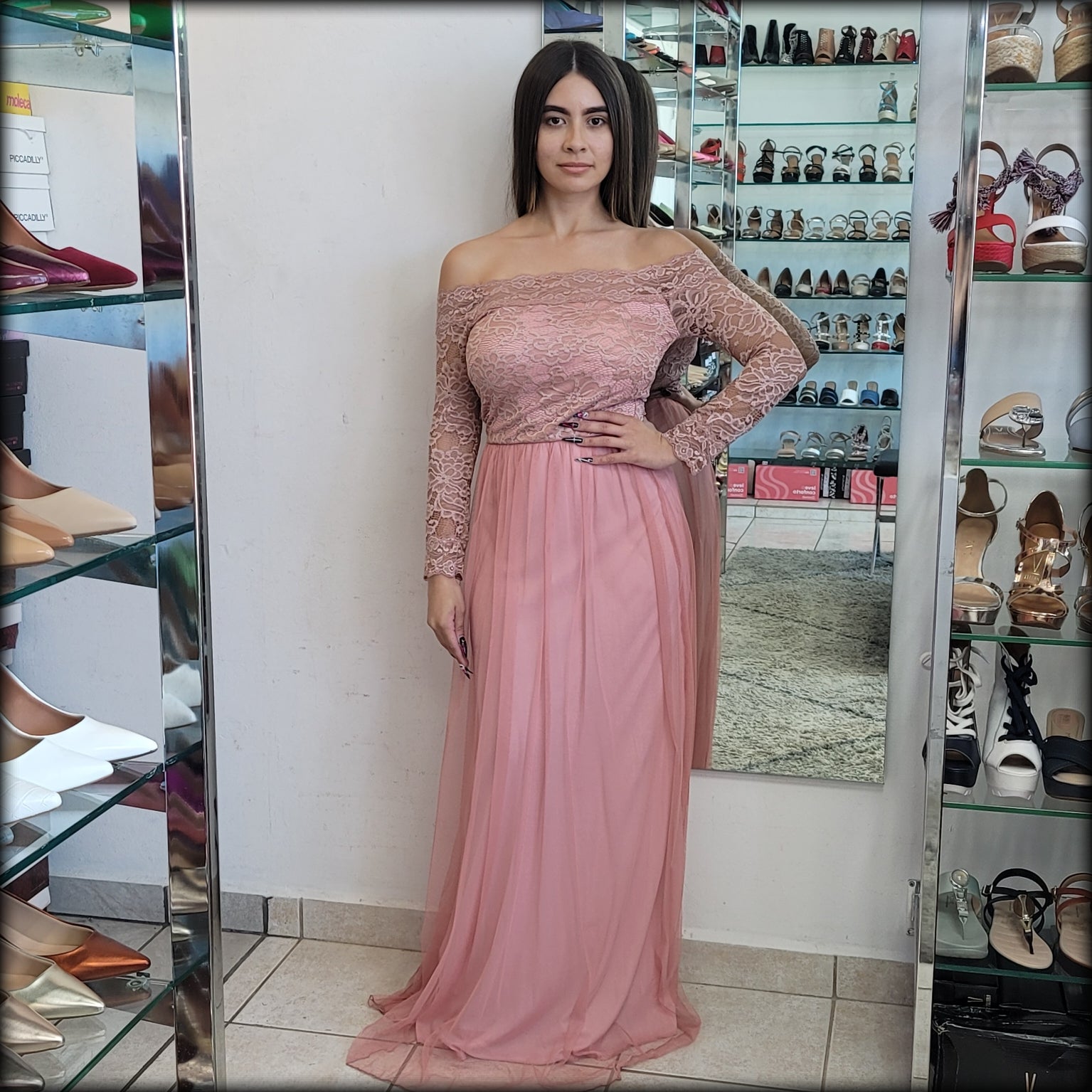 VESTIDO LARGO OFF SHOULDER MAUVE