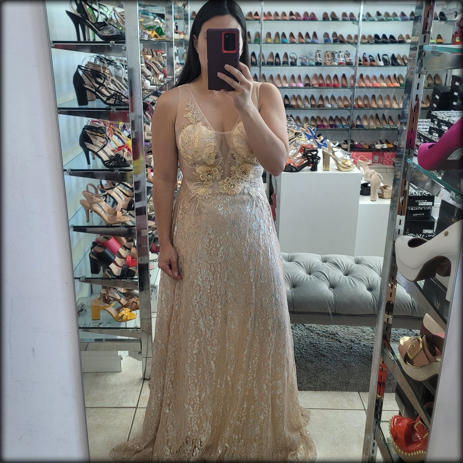 VESTIDO LARGO NUDE FLORES NUDE