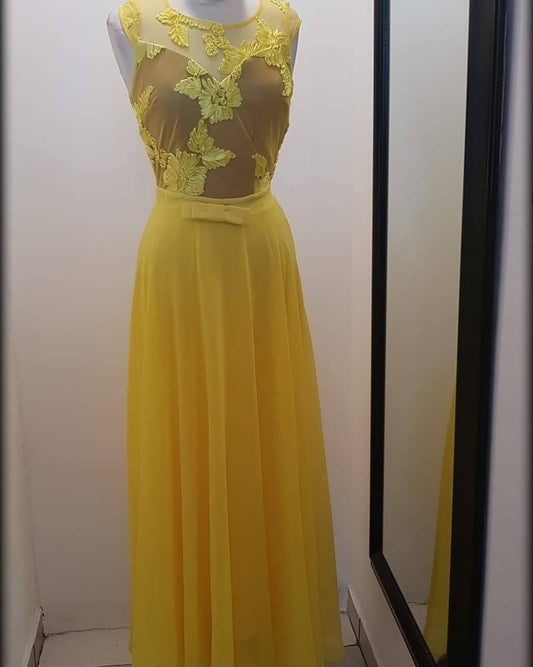 VESTIDO FORMAL AMARILLO Y NUDE