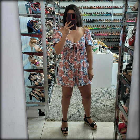 ROMPER MANGA CORTA ESTAMPADO HOJAS AZUL MAUVE