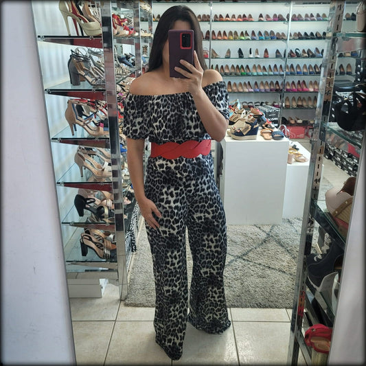 JUMPSUIT OFF SHOULDER ANIMAL PRINT NEGRO