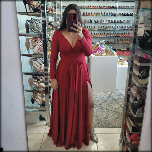 VESTIDO LARGO ROJO MANGA LARGA