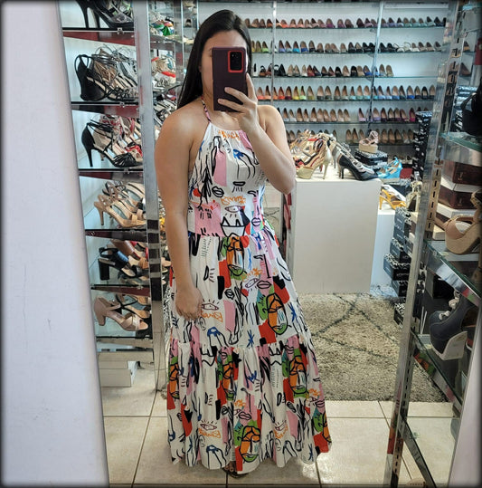 MAXI DRESS HALTER ESTAMPADO CARAS