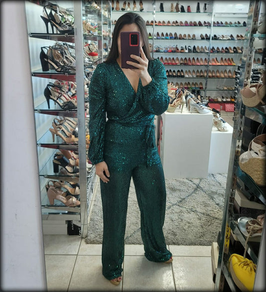 JUMPSUIT MANGA LARGA SEQUIN VERDE