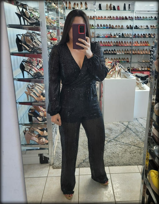 JUMPSUIT MANGA LARGA SEQUIN NEGRO