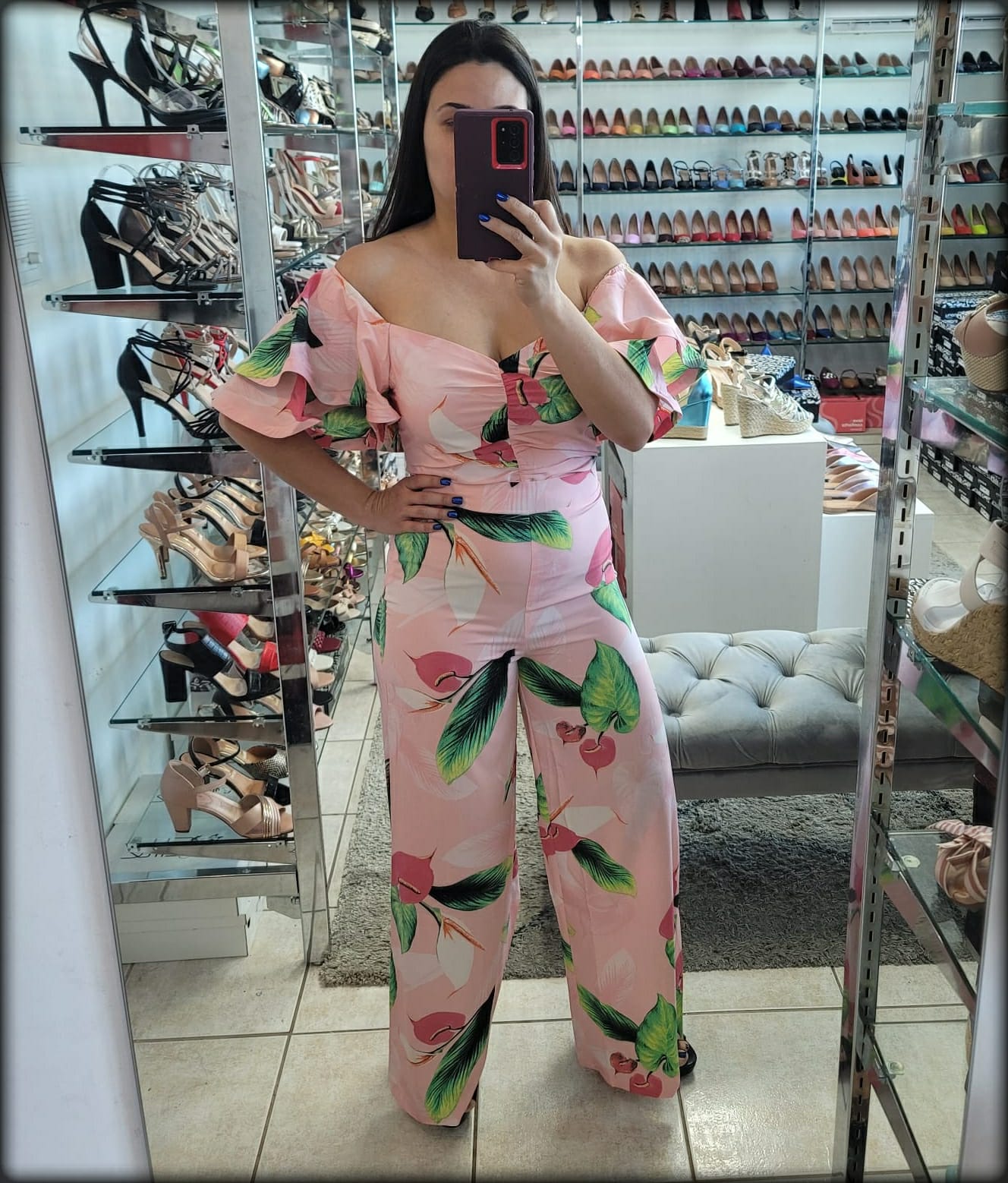 SET CROP TOP Y PANTALON LARGO ESTAMPADO ROSA