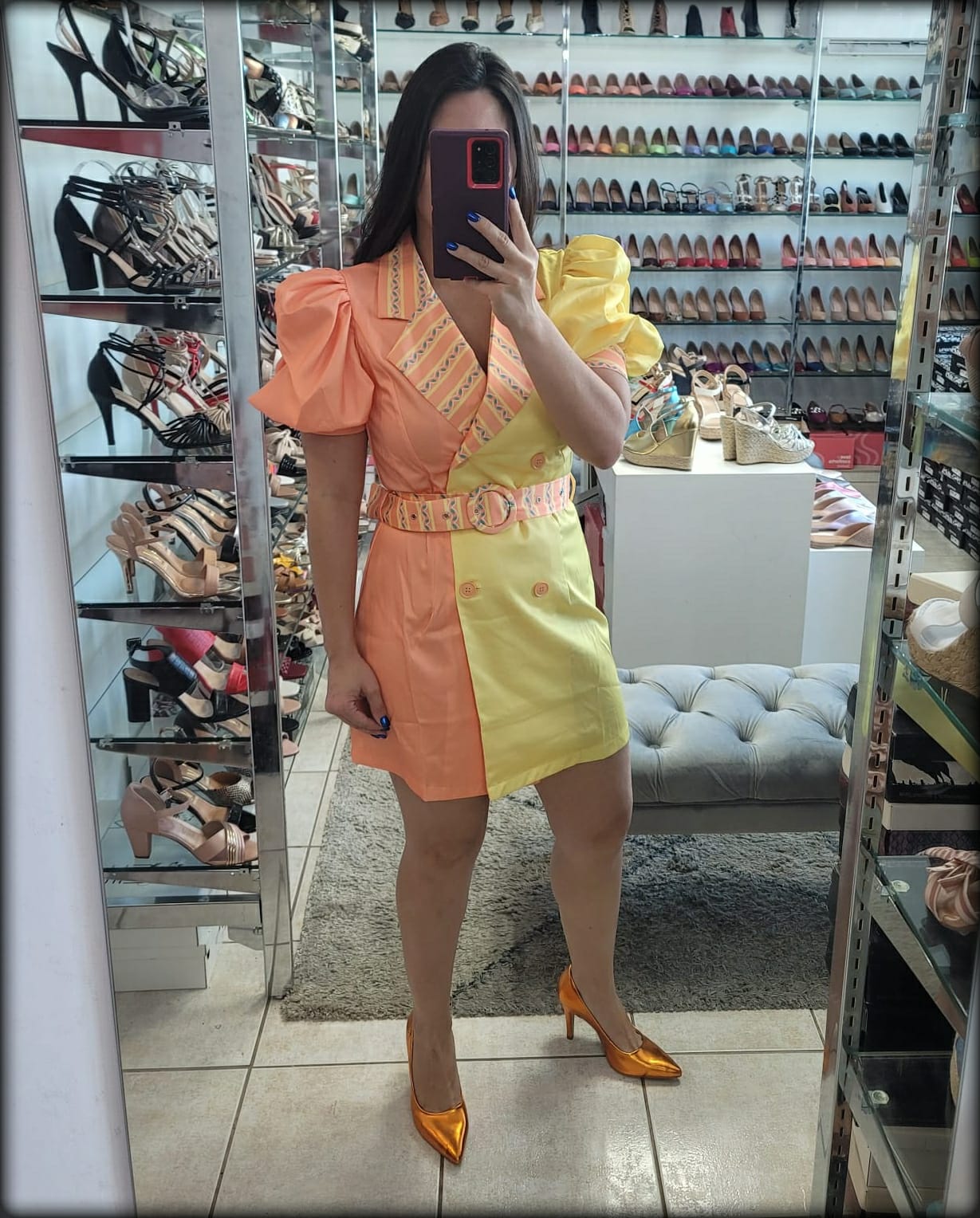 VESTIDO CORTO AMARILLO ANARANJADO ESTAMPADO