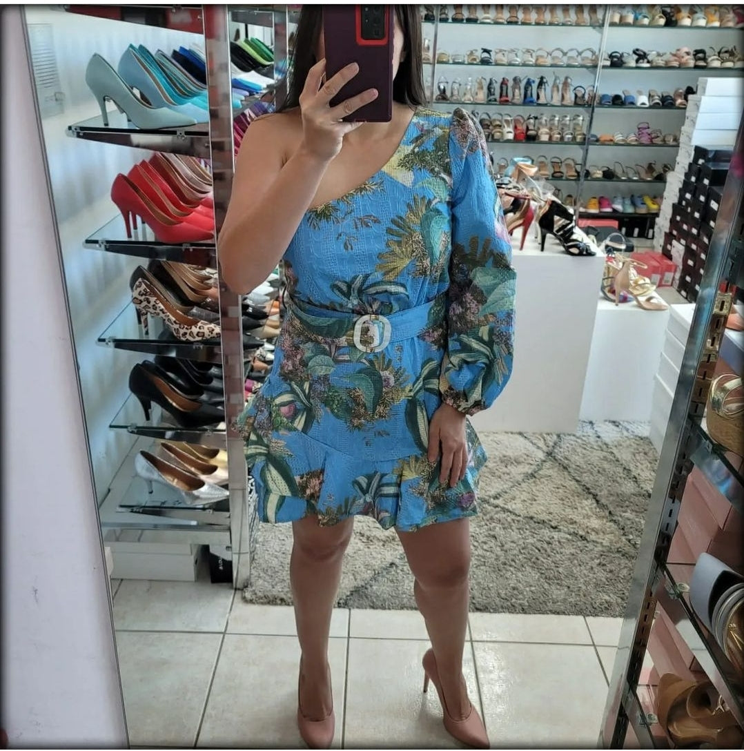 VESTIDO ONE SHOULDER ESTAMPADO AZUL