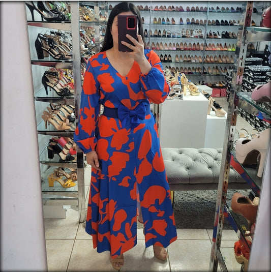 VESTIDO MIDI ESTAMPADO ROYAL ROJO CON CORREA